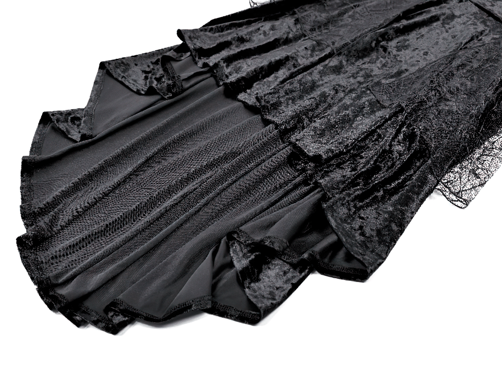 Women's Gothic Black Crushed Velvet High Low Dress with high-low hem, lace layers, and corset-style gothic drama
