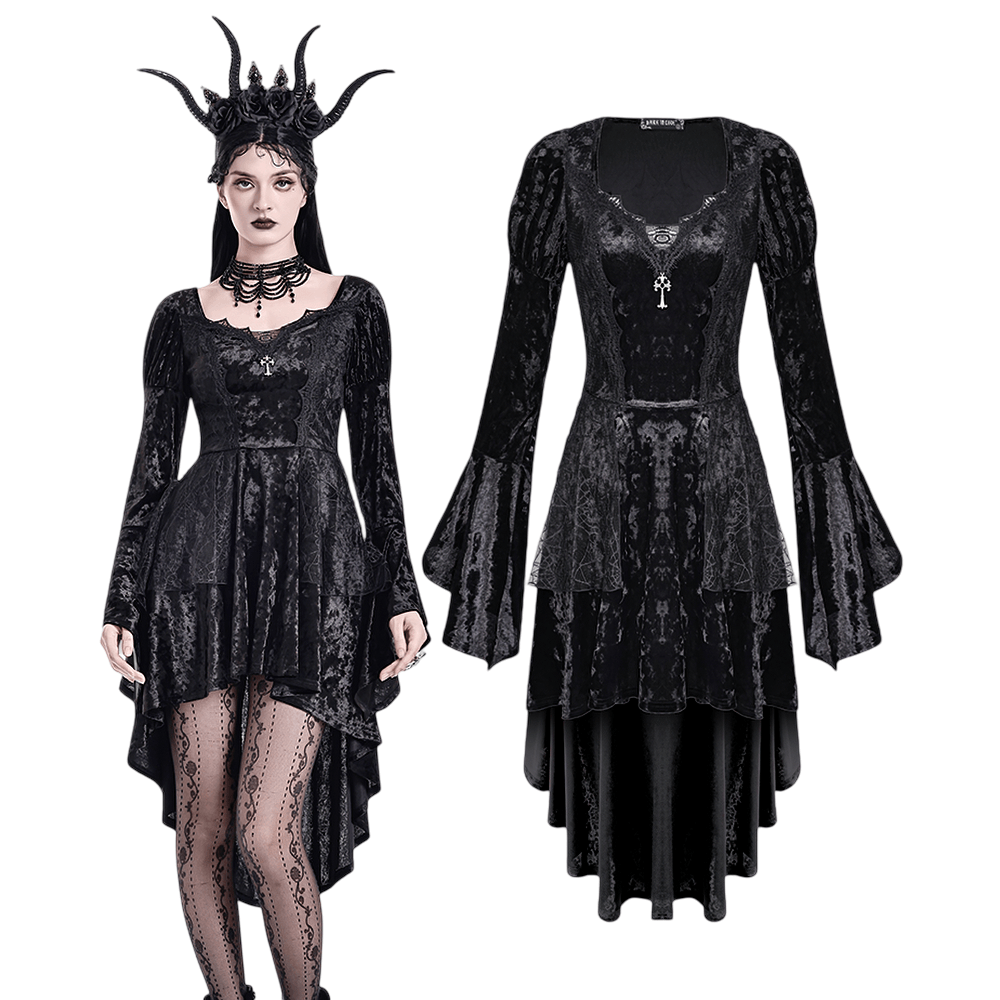 Women's Gothic Black Crushed Velvet High Low Dress, Victorian dark romantic bell sleeve corset lace gown with silver cross charm
