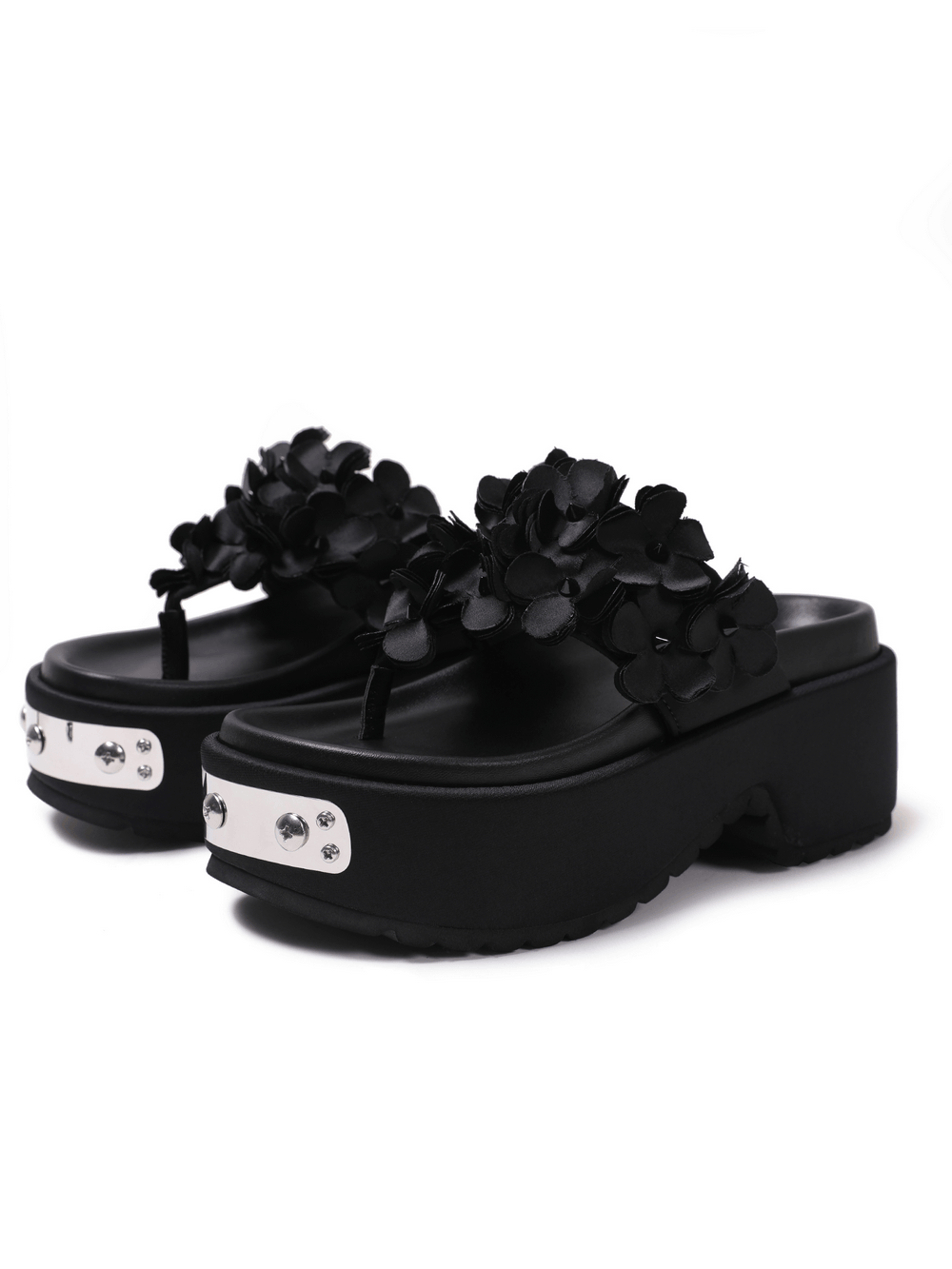 Women's Gothic Black Floral Platform Thong Sandals with chunky heels, silver rivets, and flower appliques
