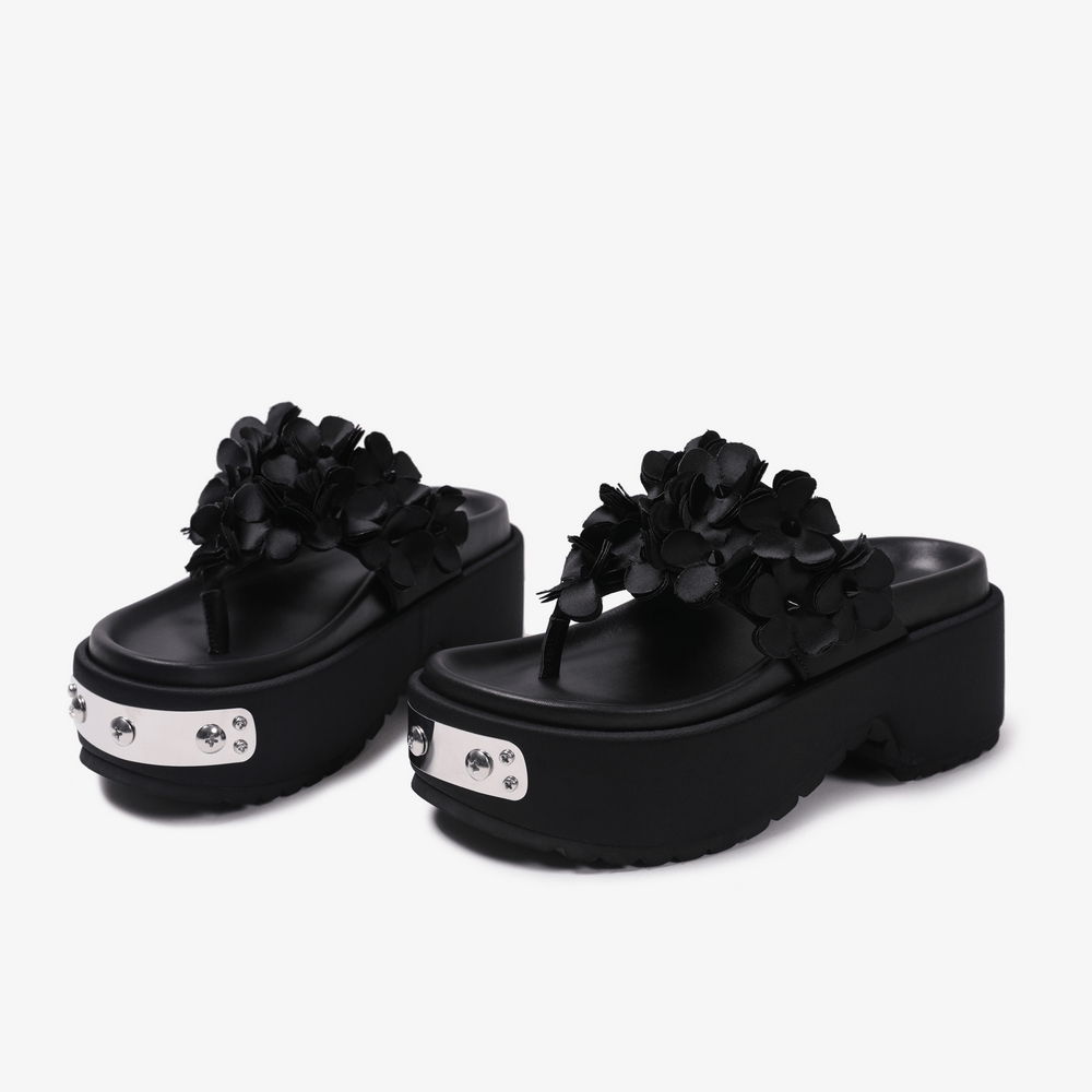 Women's Gothic Black Floral Platform Thong Sandals with flower appliques, chunky heels, and silver metal details