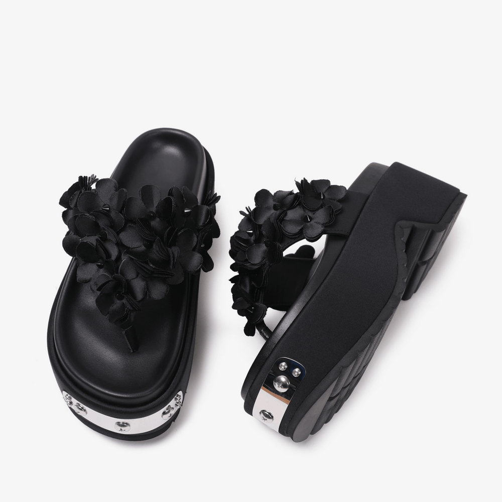 Women's Gothic Black Floral Platform Thong Sandals with chunky heel, flower appliques, and silver-tone accents