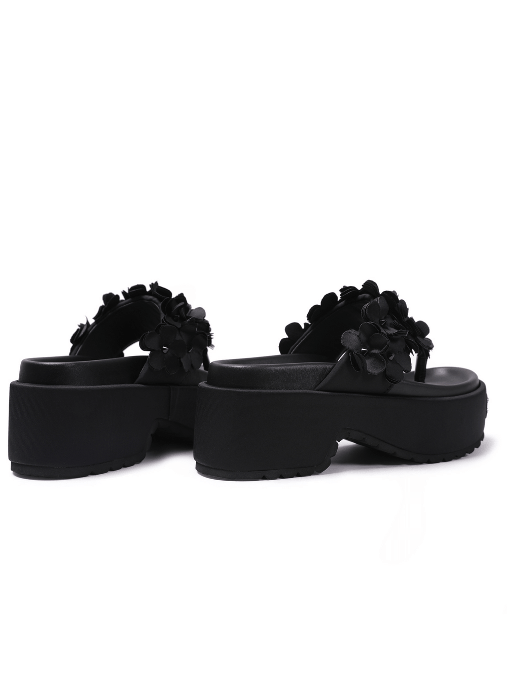 Women's Gothic Black Floral Platform Thong Sandals with chunky heels and flower appliques