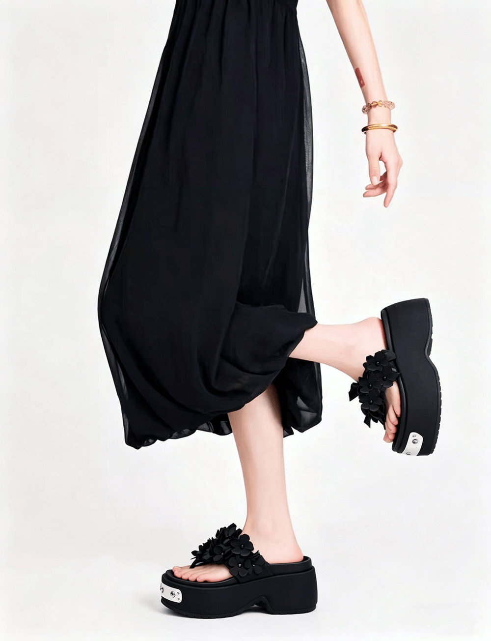Women's Gothic Black Floral Platform Thong Sandals with flower appliques, chunky heels, and silver-tone details