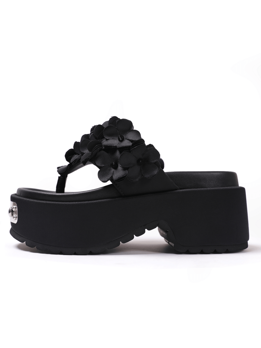 Women's Gothic Black Floral Platform Thong Sandals with chunky heel, flower appliques, and silver-tone detail