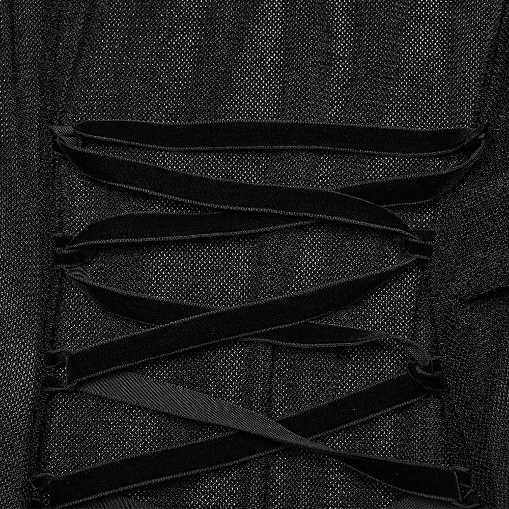 Close-up of the lace-up detailing on a women's Gothic black hooded mesh cape.