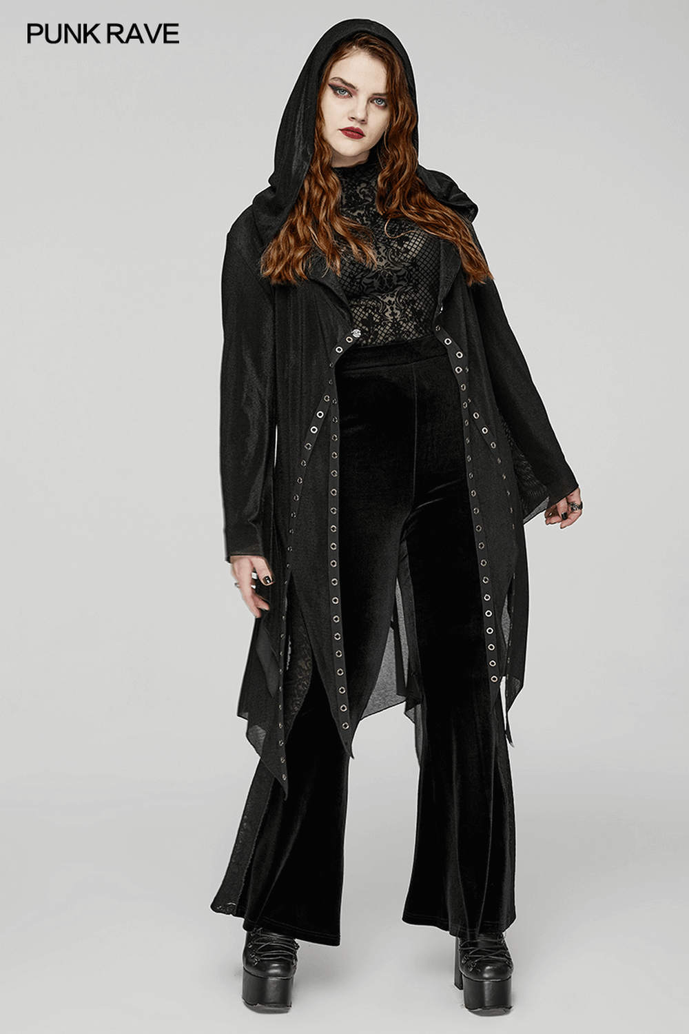 Women's Gothic black hooded lace cape with eyelets, featuring dramatic hem and elegant lace details.