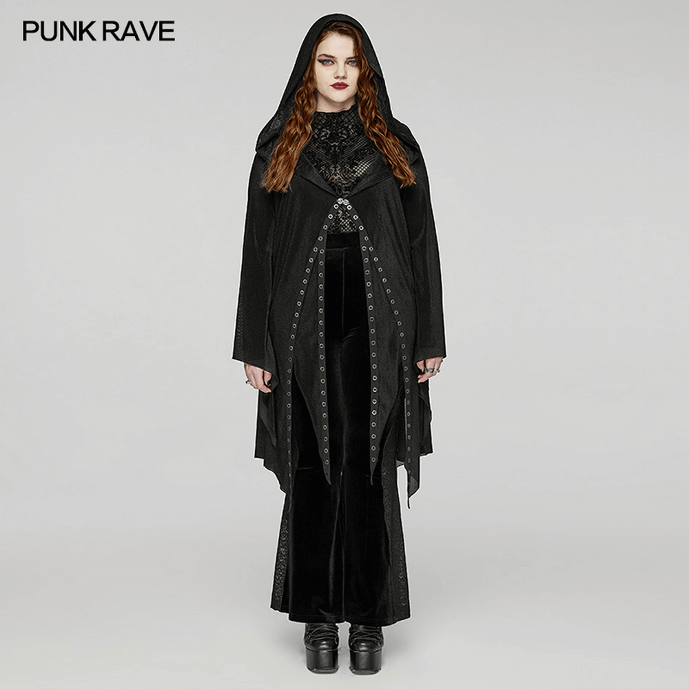 Women's Gothic black hooded lace cape with eyelets, featuring a dramatic hem and elegant lace details.