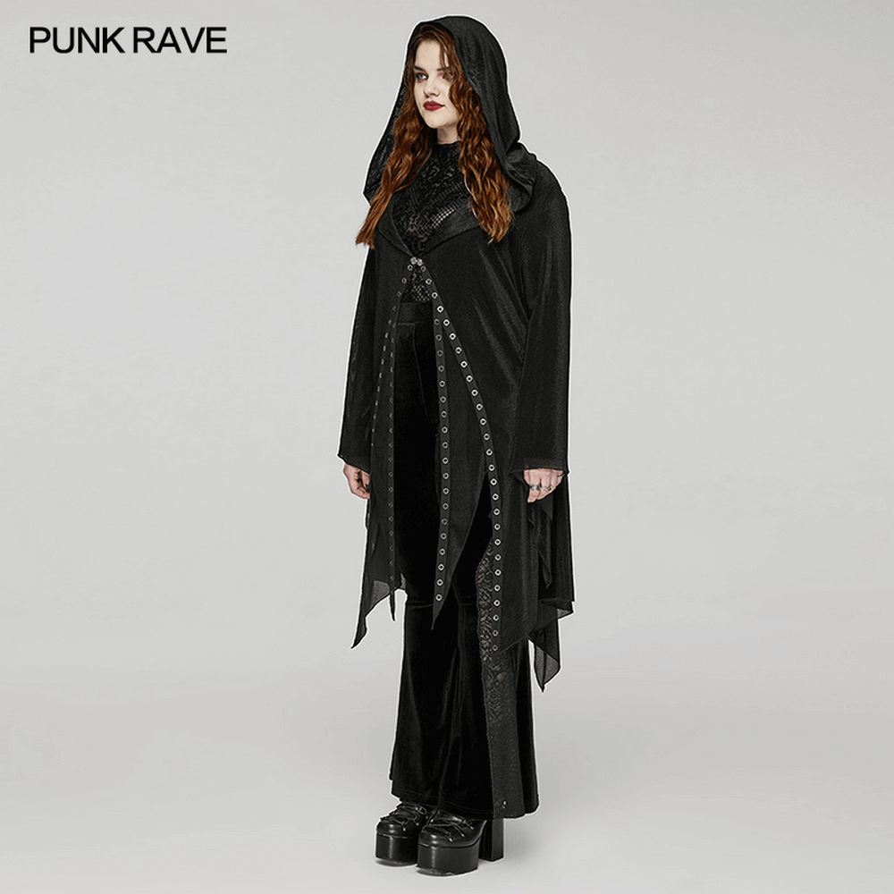 Women's Gothic black hooded lace cape with eyelets, featuring a dramatic irregular hem and intricate lace details.