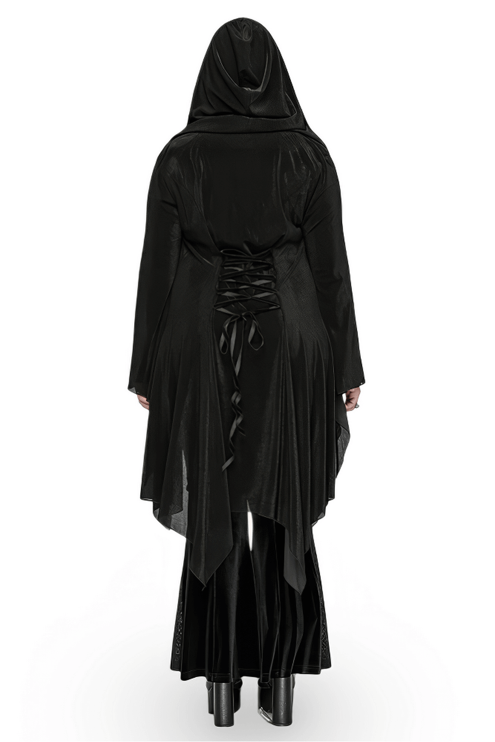 Back view of a women's Gothic black hooded lace cape with tie details and irregular hem, showcasing dramatic allure.