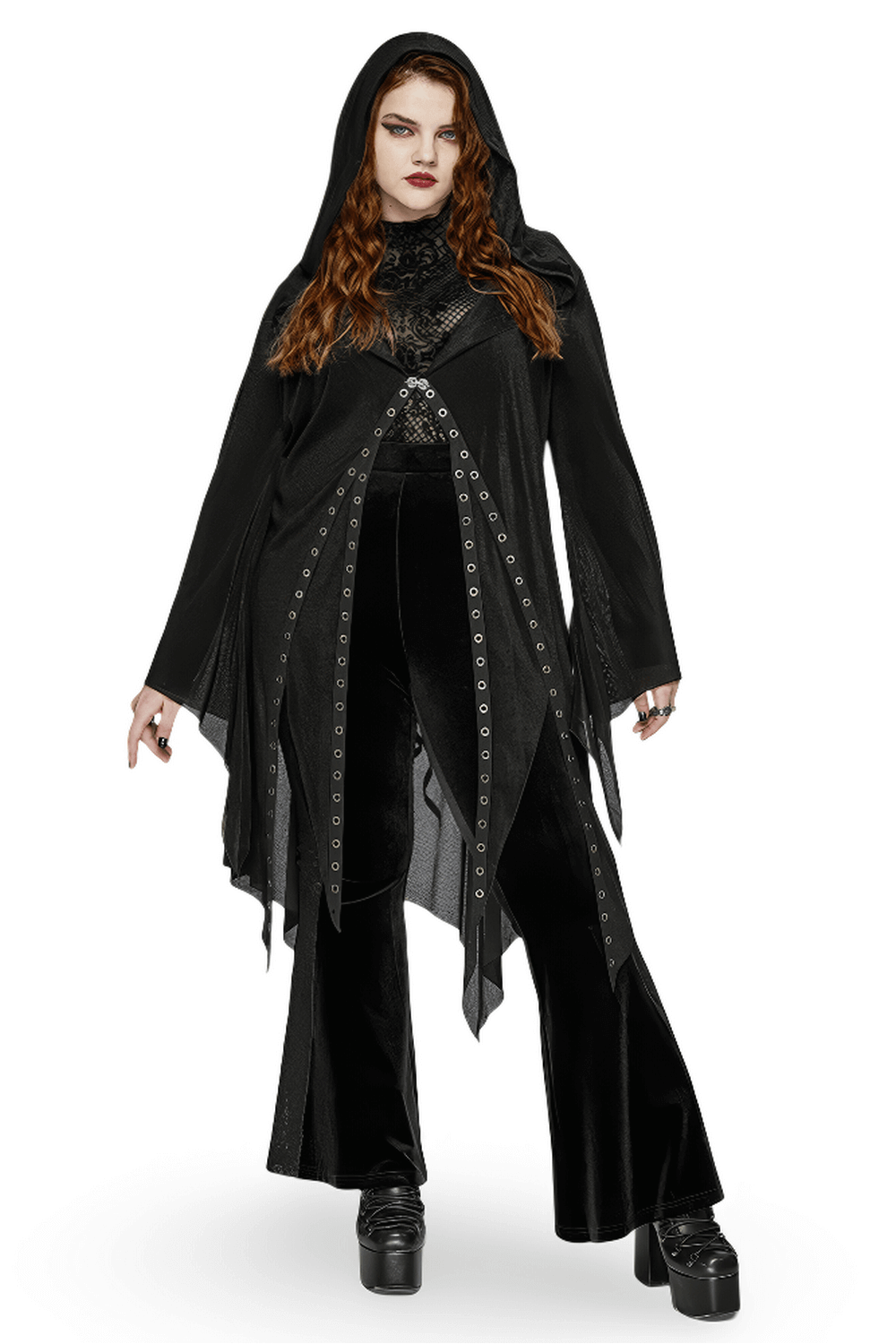 Gothic black hooded lace cape with eyelets, styled with dramatic irregular hem and witchy vibes.