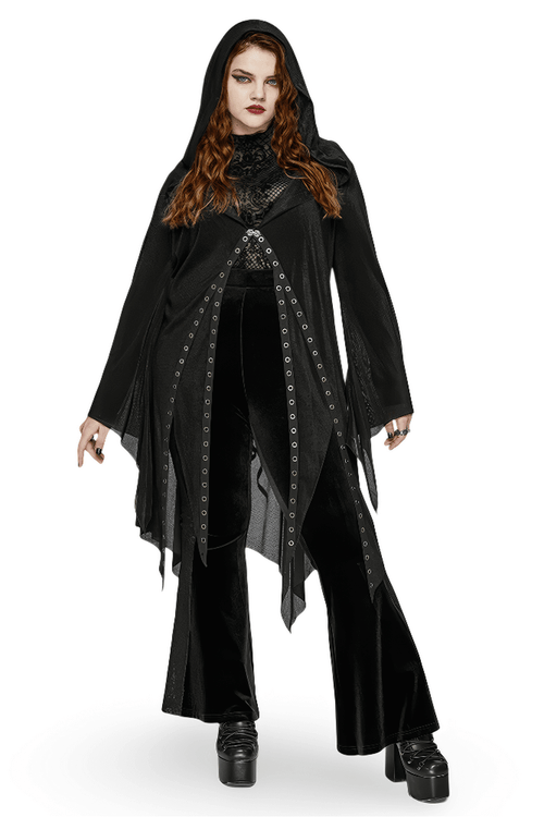 Women's Gothic Black Hooded Lace Cape with Eyelets