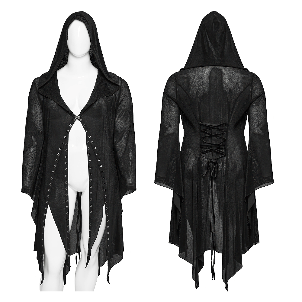 Women's Gothic Black Hooded Lace Cape with Eyelets