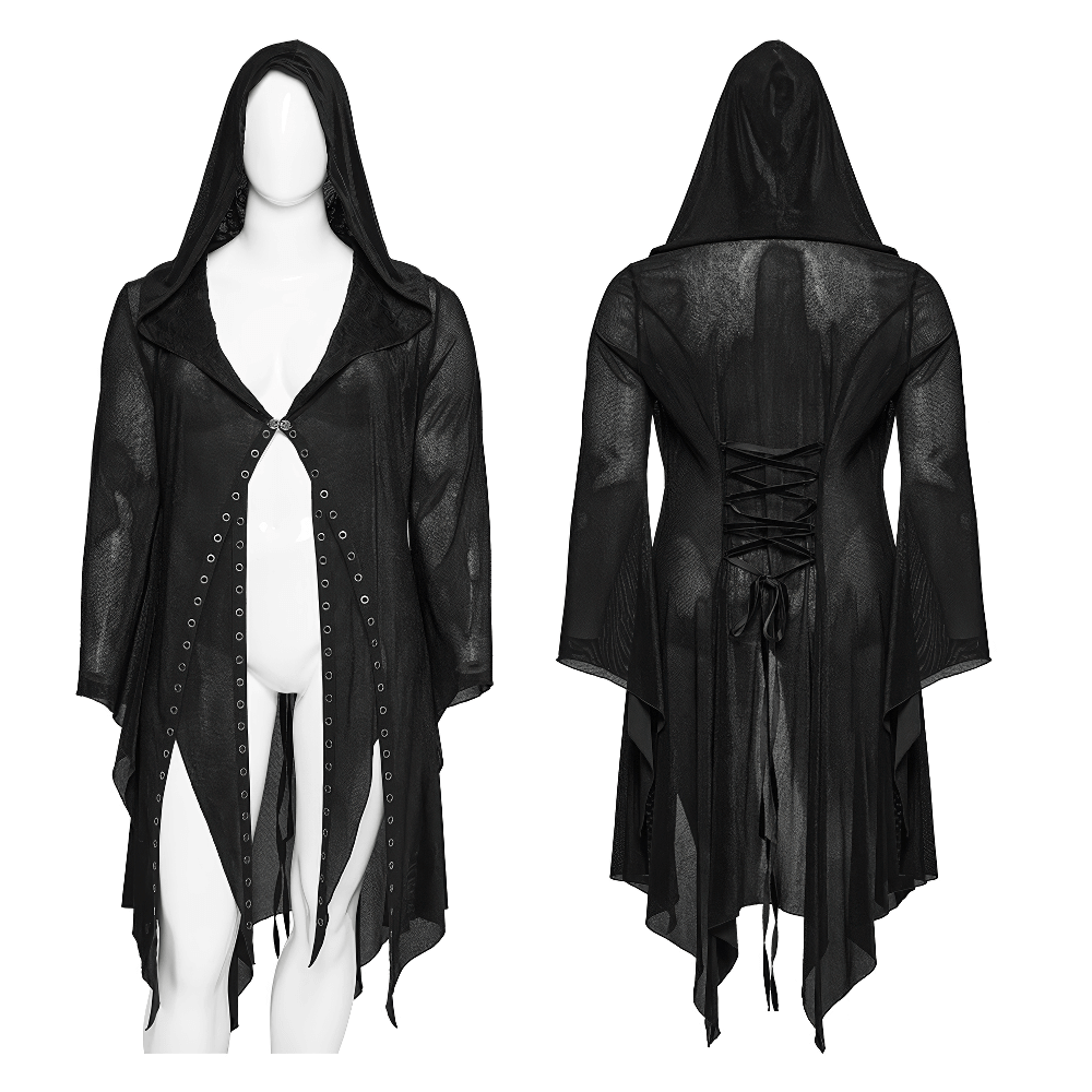 Women's Gothic black hooded lace cape with eyelets and irregular hem, perfect for a witchy look.