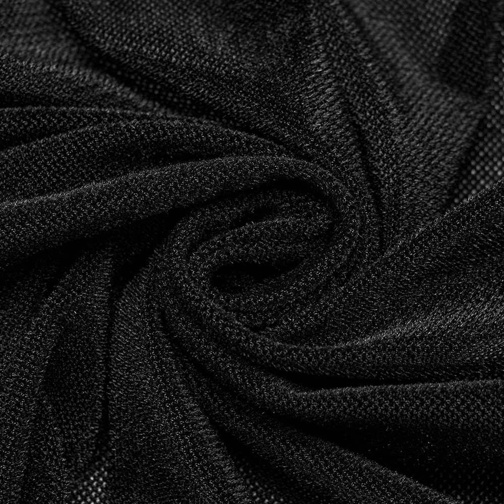 Close-up of soft black elastic flocking mesh fabric, perfect for a gothic hooded lace cape.