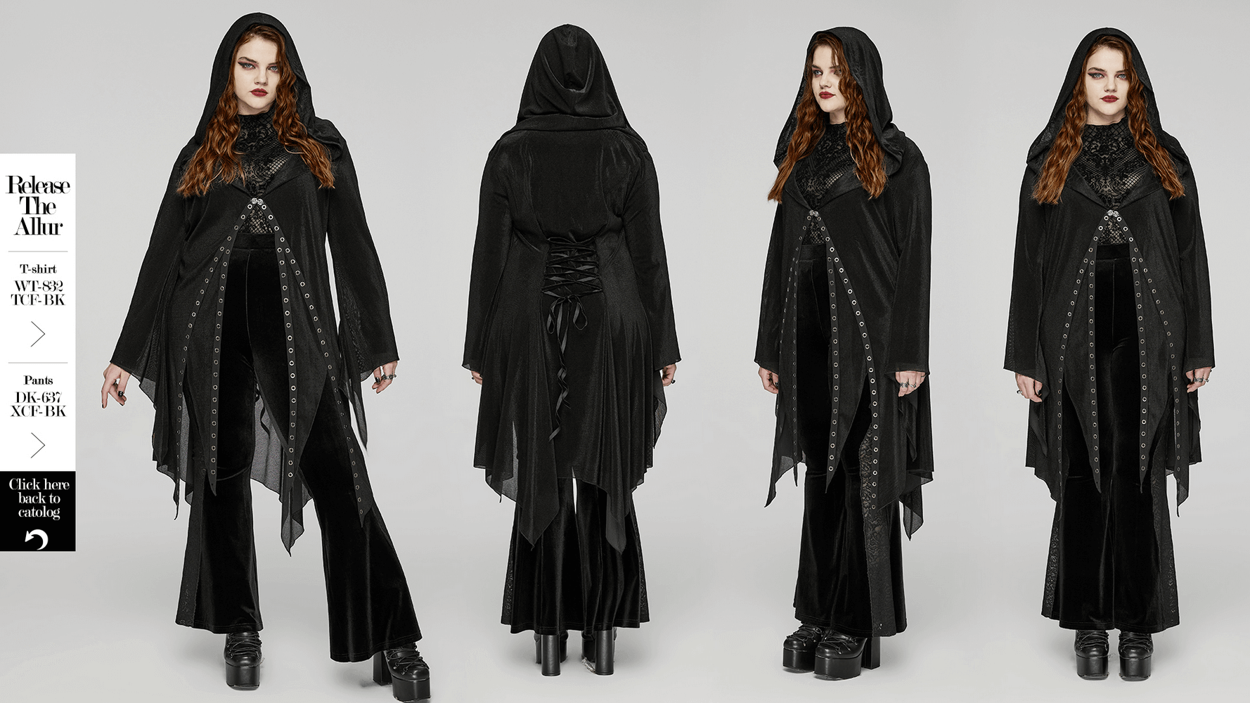 Women's Gothic Black Hooded Lace Cape with Eyelets, featuring dramatic irregular hem and lace details.