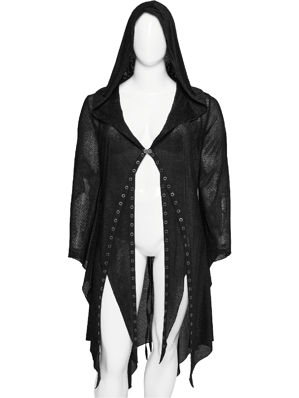 Women's Gothic black hooded lace cape with eyelets and irregular hem, perfect for a witchy style.