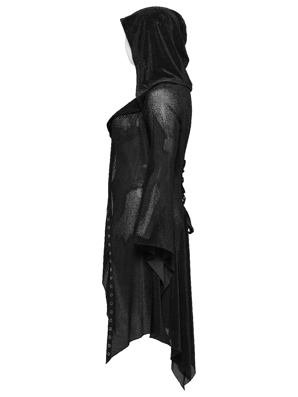 Side view of a women's gothic black hooded lace cape with eyelets and irregular hem, perfect for witchy outfits.