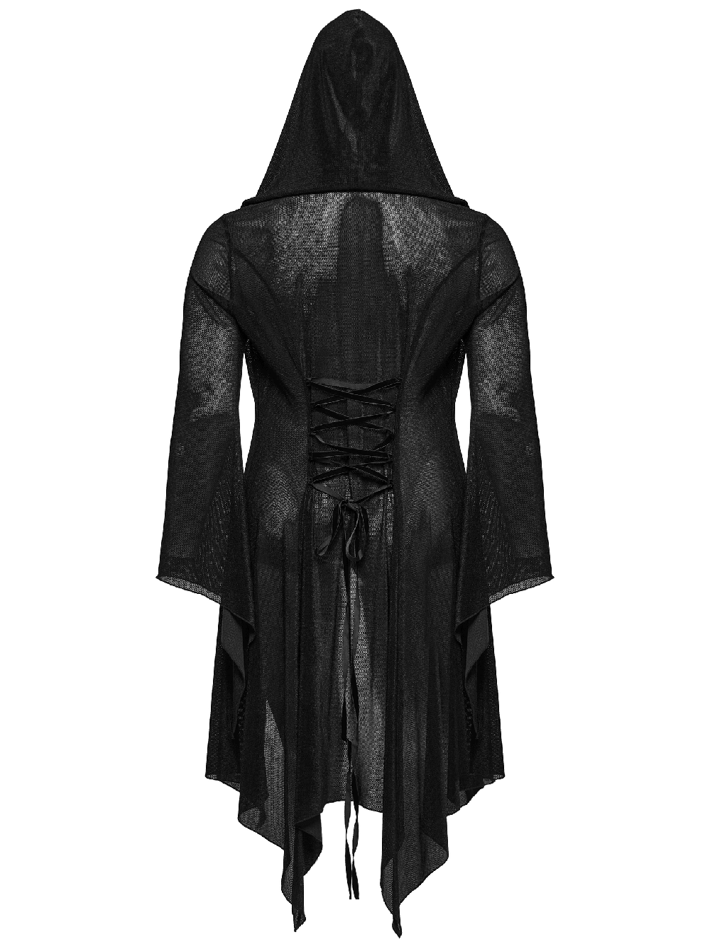 Women's Gothic Black Hooded Lace Cape with eyelet details and dramatic irregular hem.
