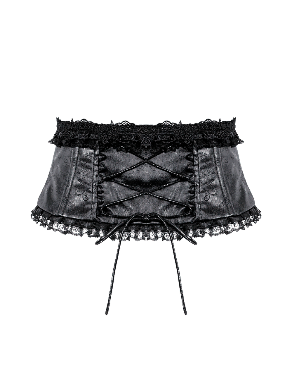 Women's Gothic Black Lace Trim Underbust Corset Belt with faux leather panels, lace-up back, and Victorian flair