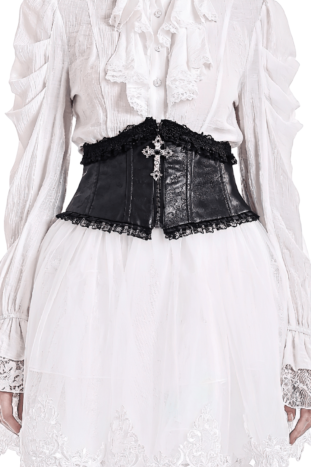 Women's Gothic Black Lace Trim Underbust Corset Belt, Victorian faux leather cincher with cross zipper and lace edges