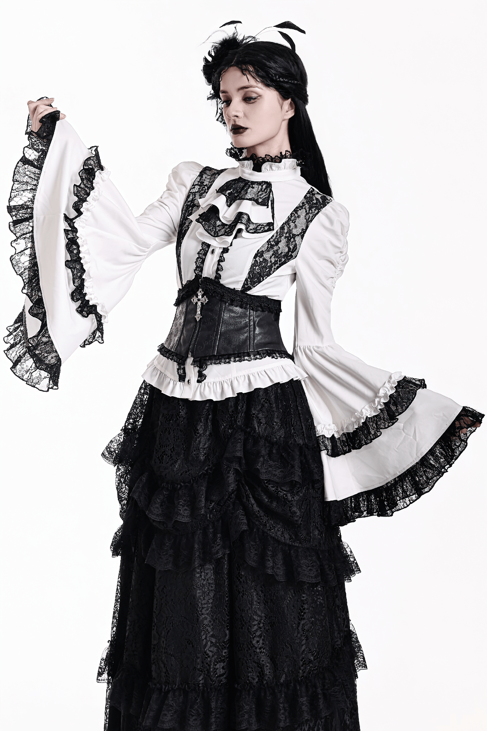 Women's Gothic Black Lace Trim Underbust Corset Belt, Victorian faux leather cincher with lace-up back and cross charm