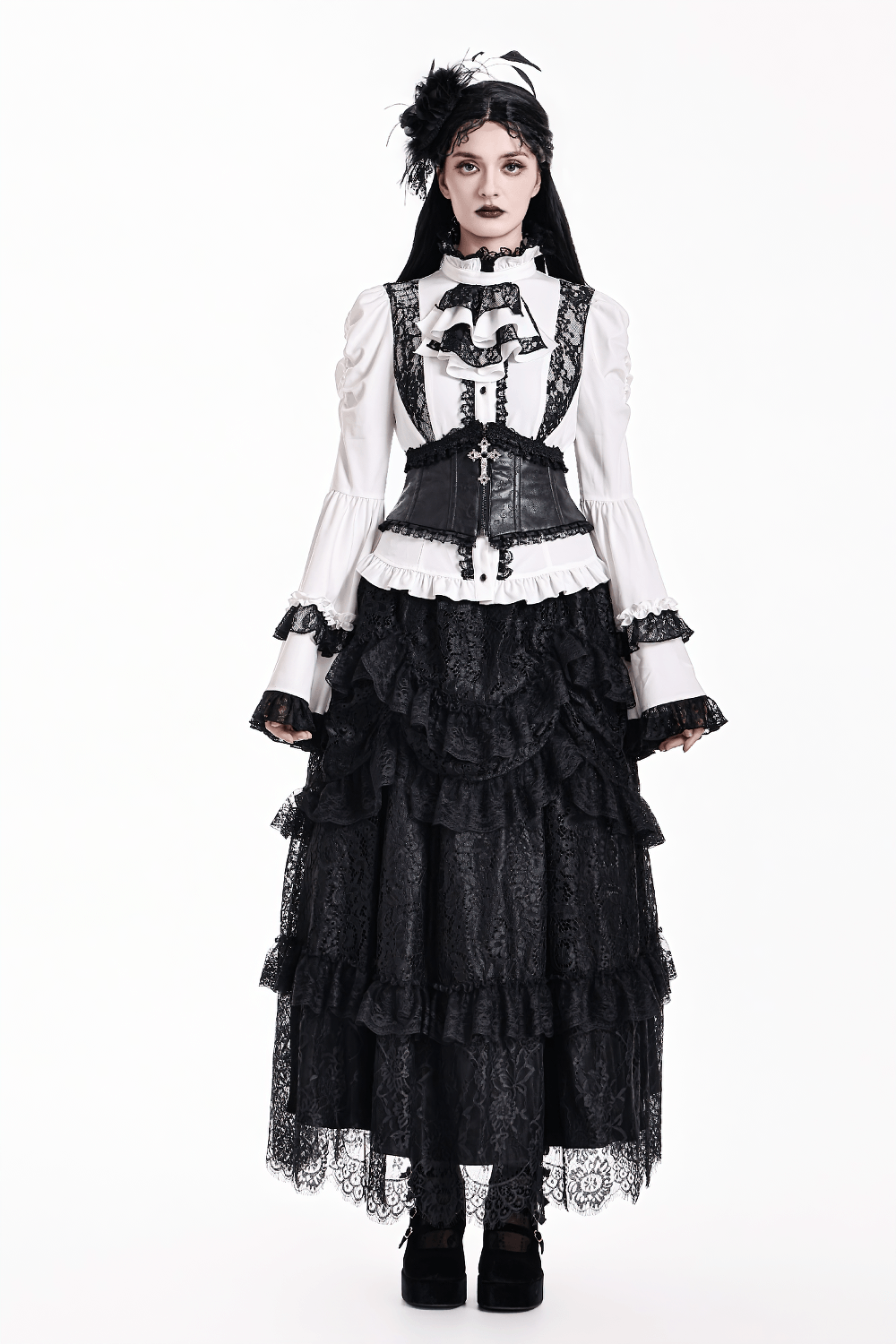 Women's Gothic Black Lace Trim Underbust Corset Belt with faux leather panels, lace-up back, and silver cross charm
