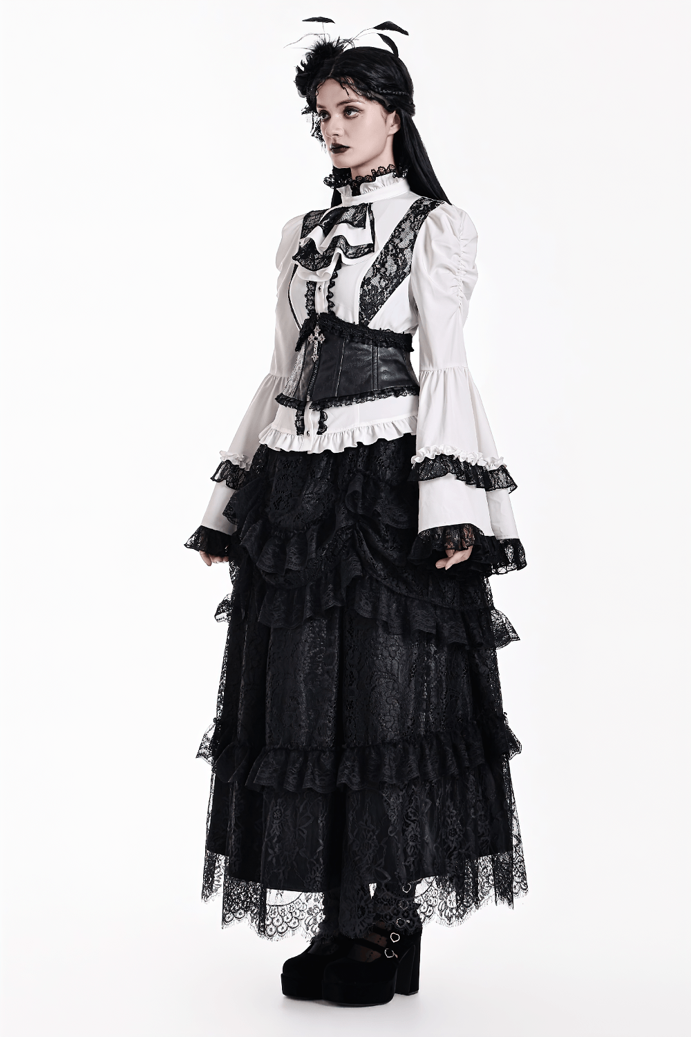 Women's Gothic Black Lace Trim Underbust Corset Belt with Victorian faux leather cincher, lace-up back, and cross zip detail