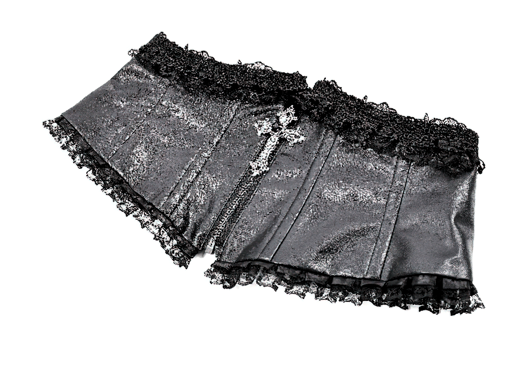 Women's Gothic Black Lace Trim Underbust Corset Belt, faux leather cincher with lace edging and cross zip detail