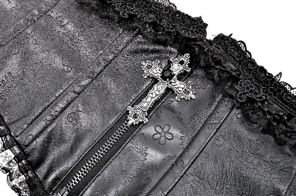 Women's Gothic Black Lace Trim Underbust Corset Belt with faux leather panels, lace trim, cross zipper detail and Victorian style