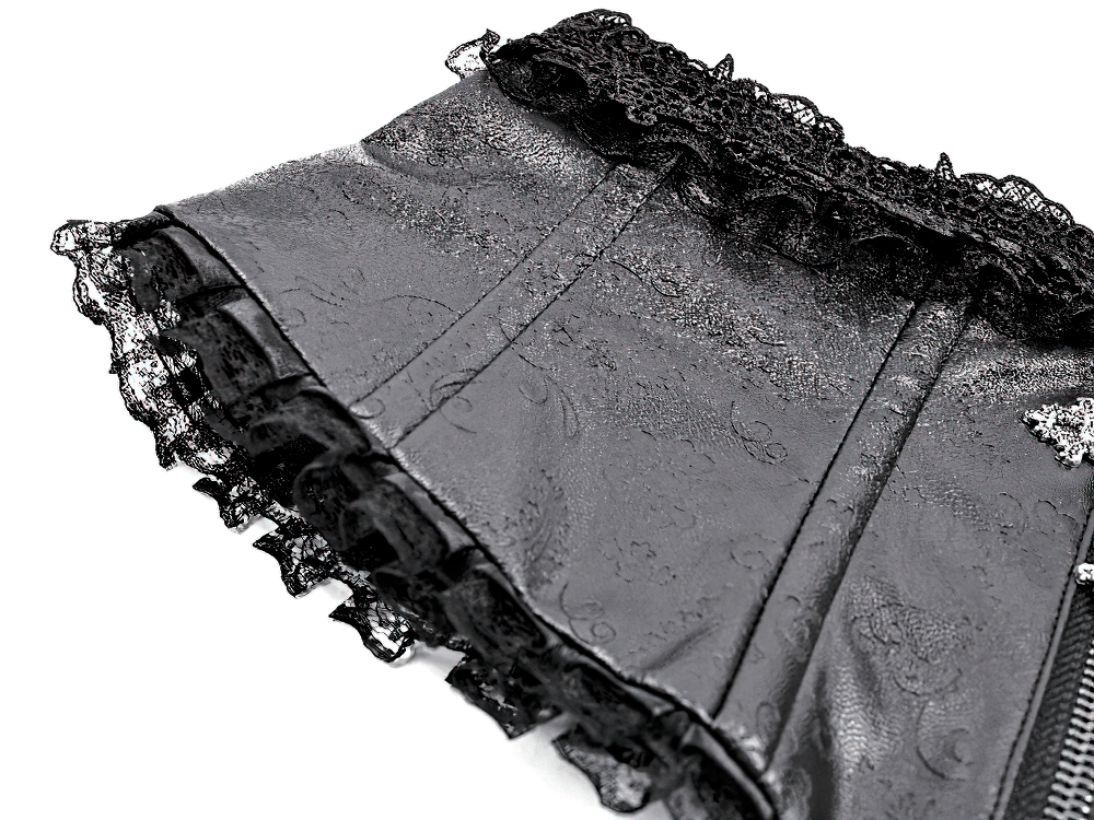 Women's Gothic Black Lace Trim Underbust Corset Belt, faux leather Victorian cincher with lace edging and zip detail