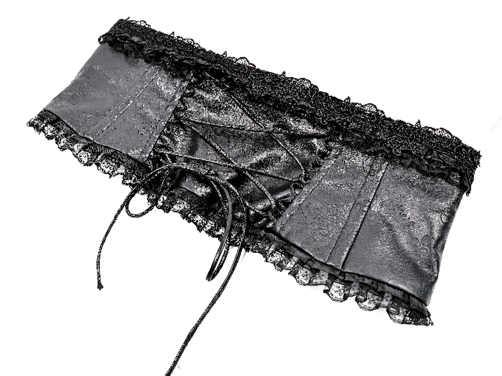 Women's Gothic Black Lace Trim Underbust Corset Belt, Victorian faux leather cincher with lace-up back