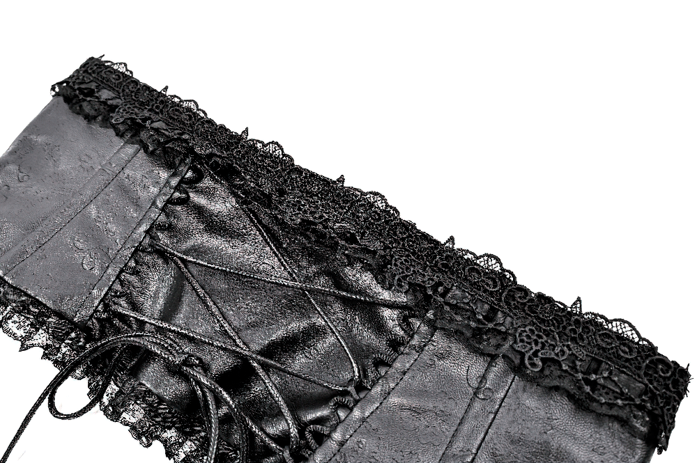 Women's Gothic Black Lace Trim Underbust Corset Belt, Victorian faux leather cincher with lace-up back and cross zip detail