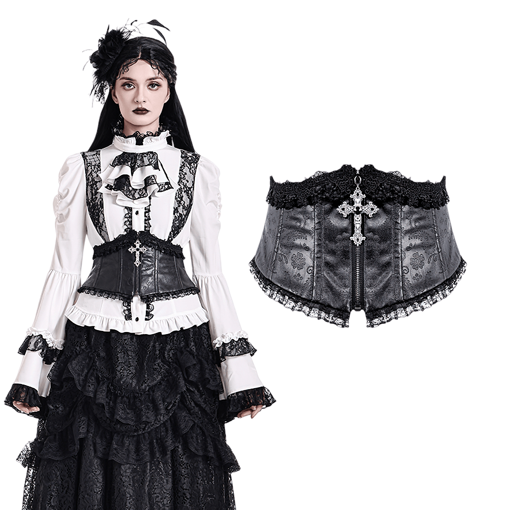 Women's Gothic Black Lace Trim Underbust Corset Belt, faux leather, cross zipper charm, Victorian lace-up waist cincher
