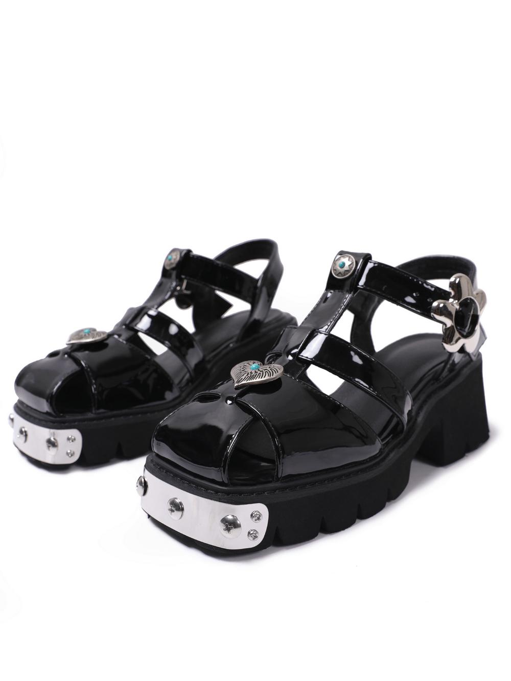 Women's Gothic Black Patent Platform Fisherman Sandals, black caged lug sole heels with heart charms and silver toe cap