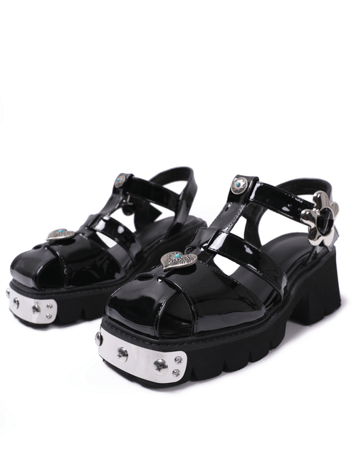 Women's Gothic Black Patent Platform Fisherman Sandals