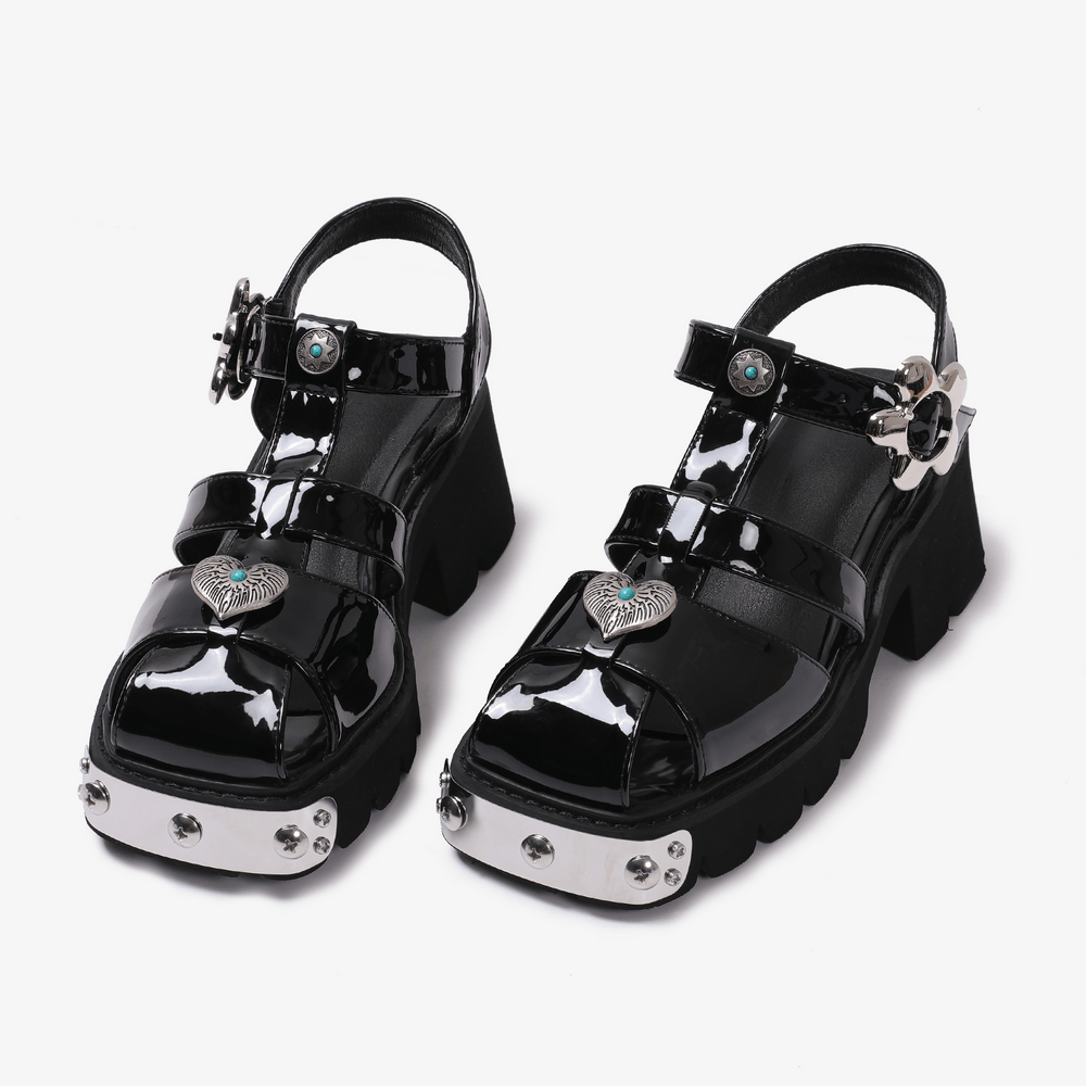 Women's Gothic Black Patent Platform Fisherman Sandals, glossy caged punk heels with heart charms and lug soles