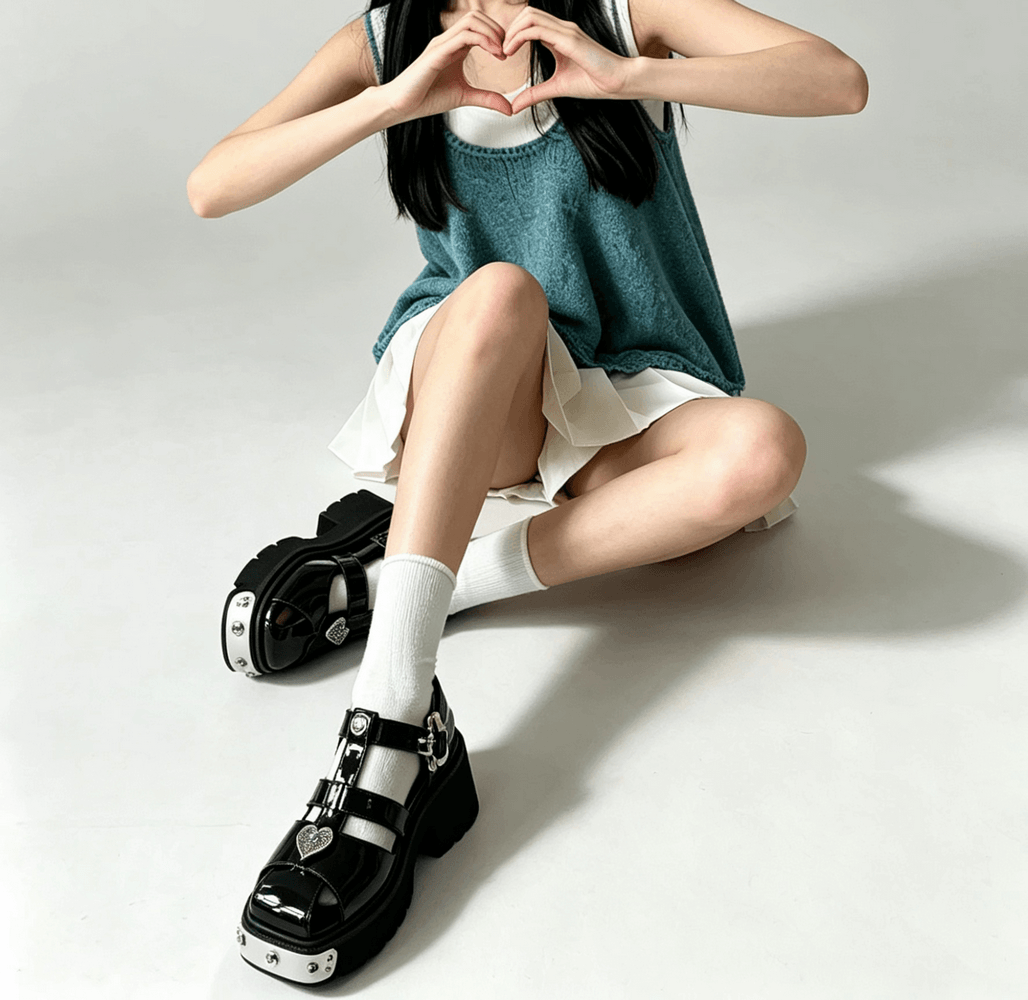 Women's Gothic Black Patent Platform Fisherman Sandals, chunky lug sole caged shoes with heart charms and silver accents