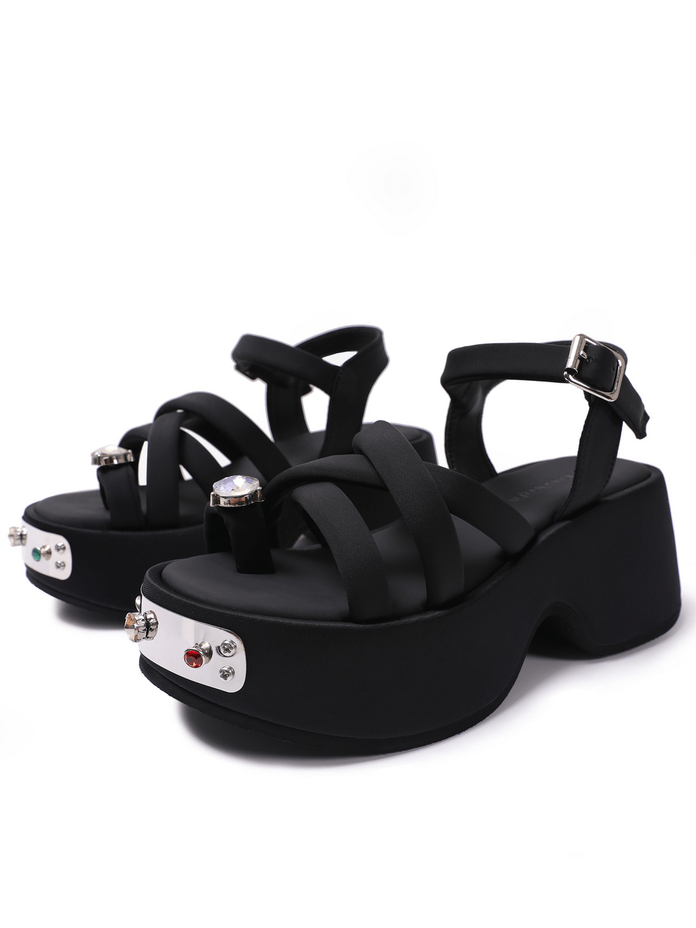 Women's Gothic Black Platform Sandals with Gem Accents black strappy wedge heels with crystal toe accents and ankle buckles