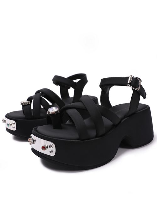 Women's Gothic Black Platform Sandals with Gem Accents