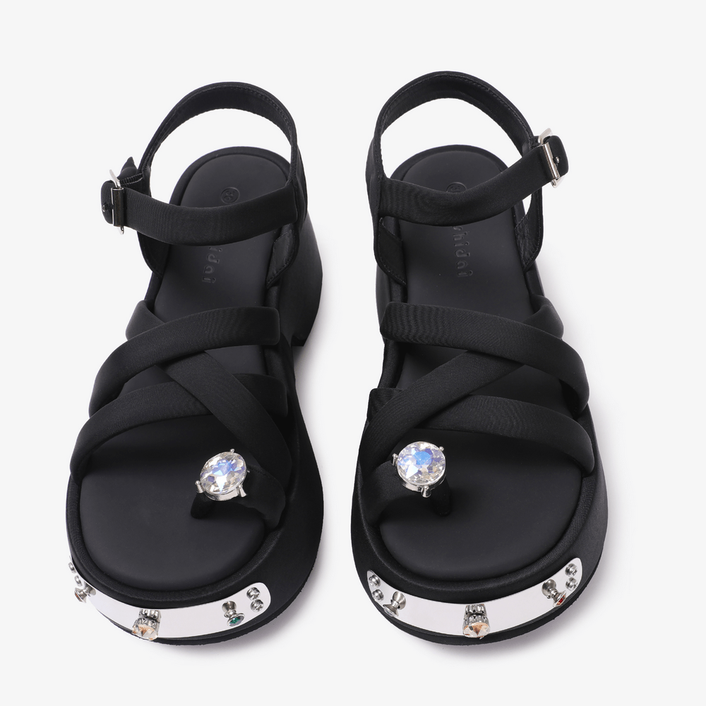 Women's Gothic Black Platform Sandals with Gem Accents black crisscross buckle wedge sandals with crystals and silver-tone gem plates