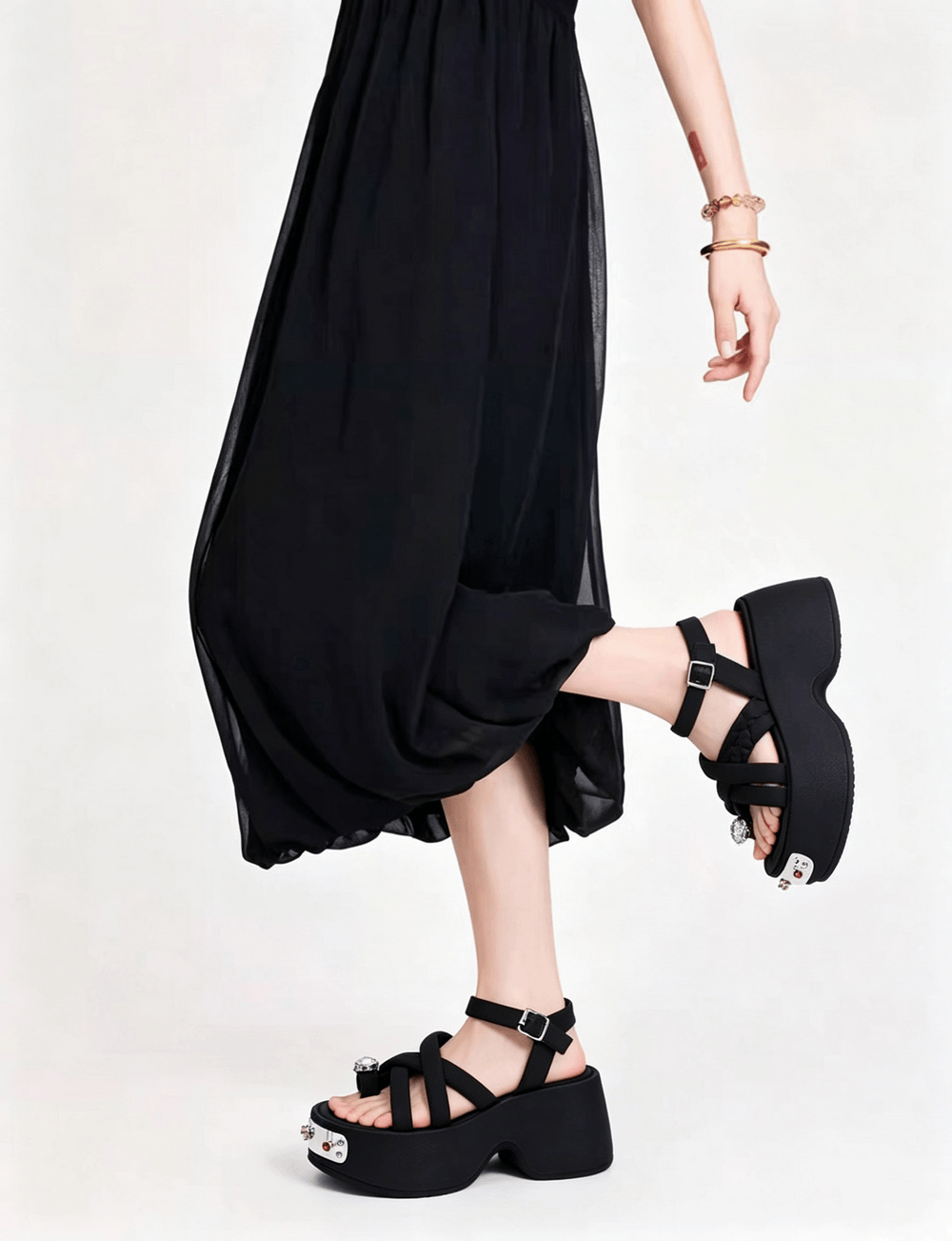 Women's Gothic Black Platform Sandals with Gem Accents, punk rock strappy wedge heels with buckles and crystal details