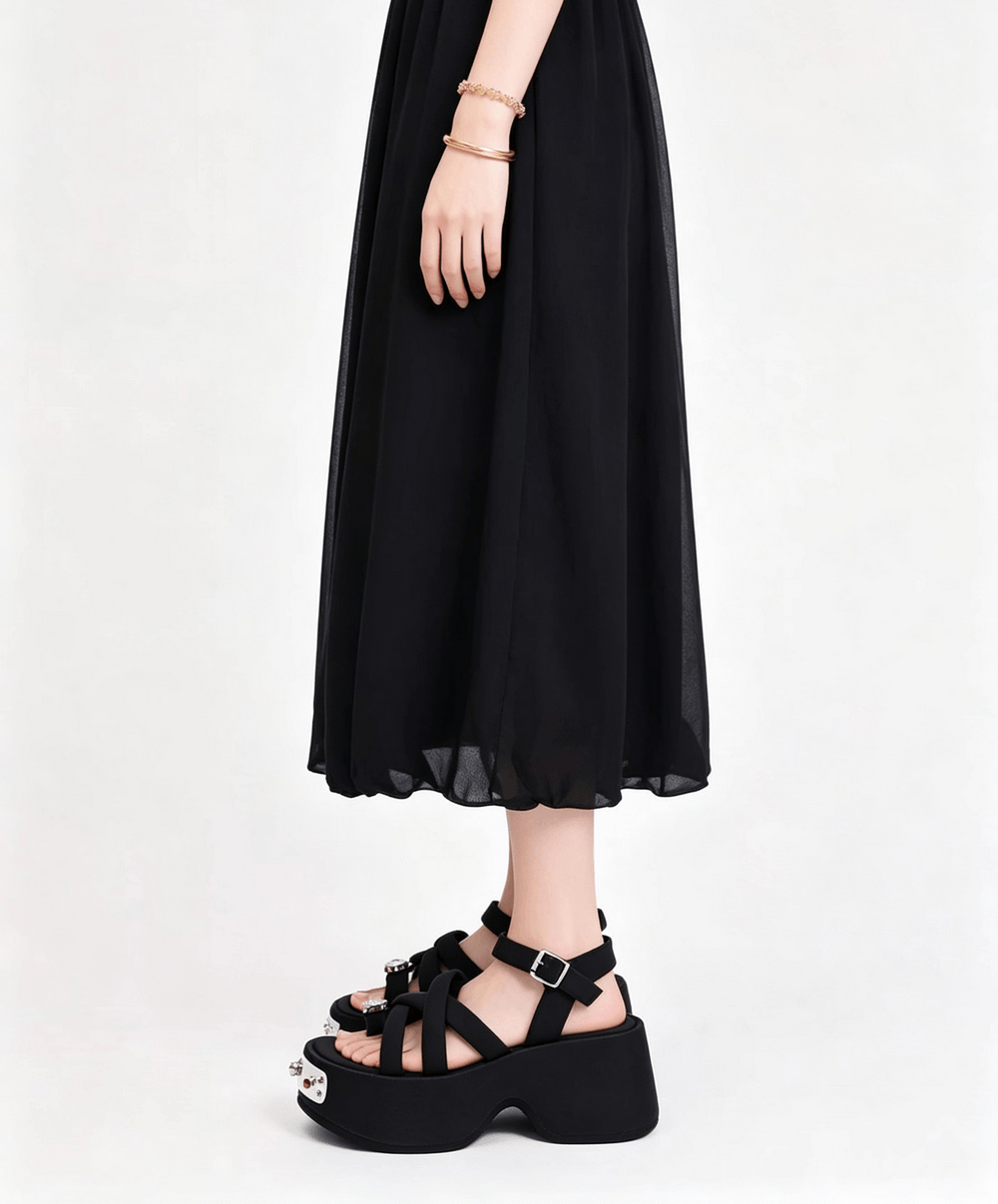 Women's Gothic Black Platform Sandals with Gem Accents, black strappy wedge heels with crystal toe detail