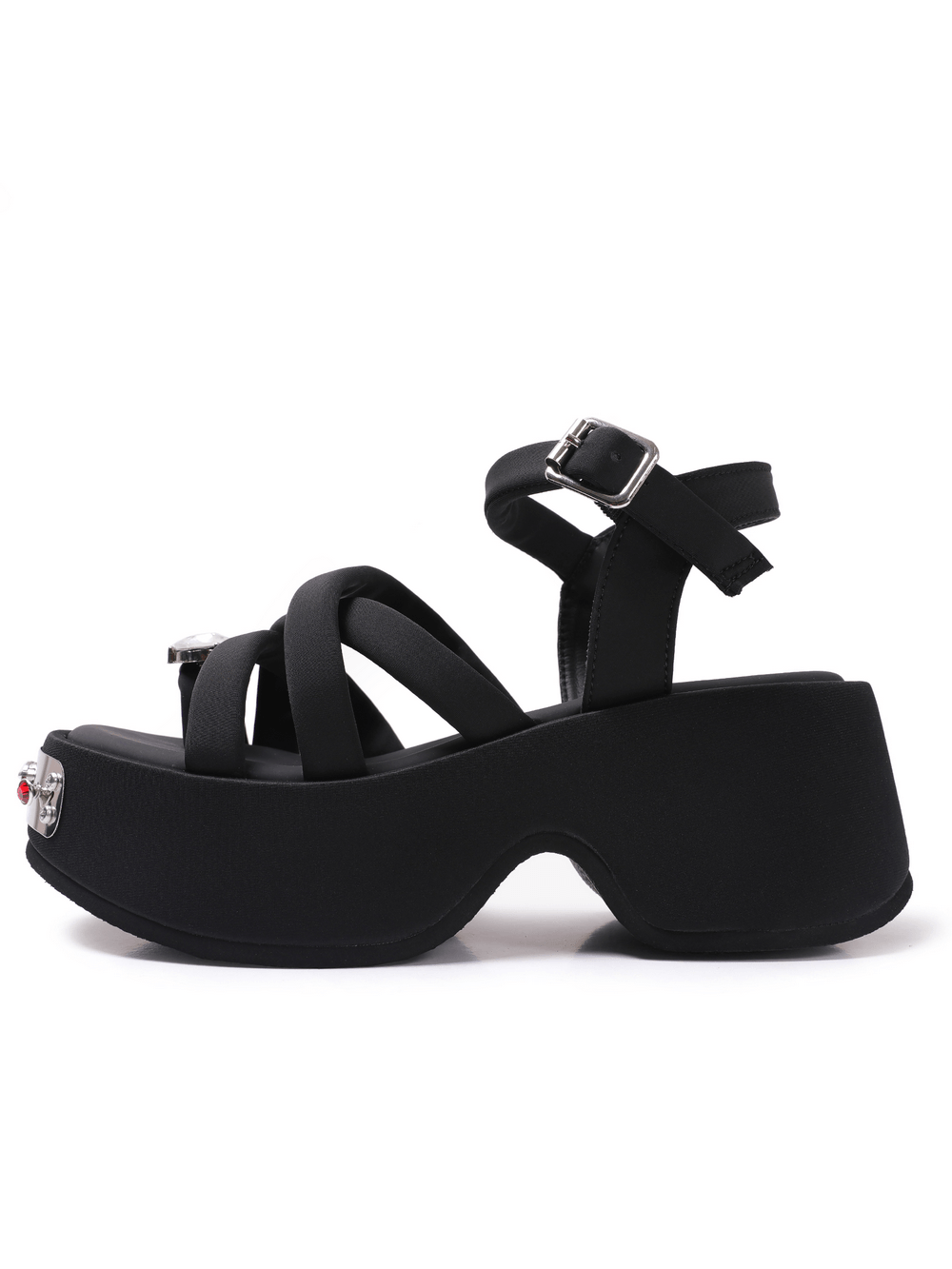 Women's Gothic Black Platform Sandals with Gem Accents black strappy wedge heel with buckle and crystals