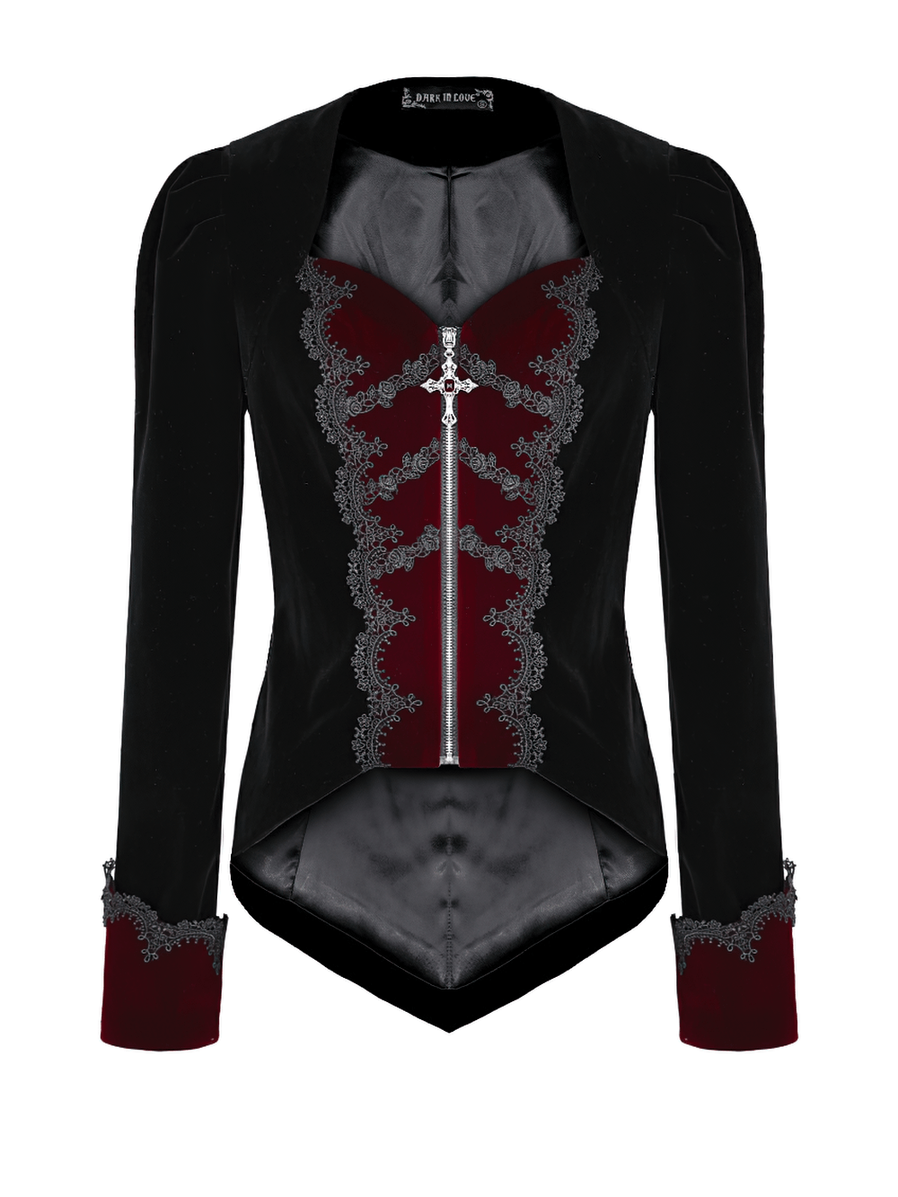 Women's Gothic Black Velvet Burgundy Lace Tailcoat Jacket, Victorian vampire blazer with cross zipper and asymmetric hem
