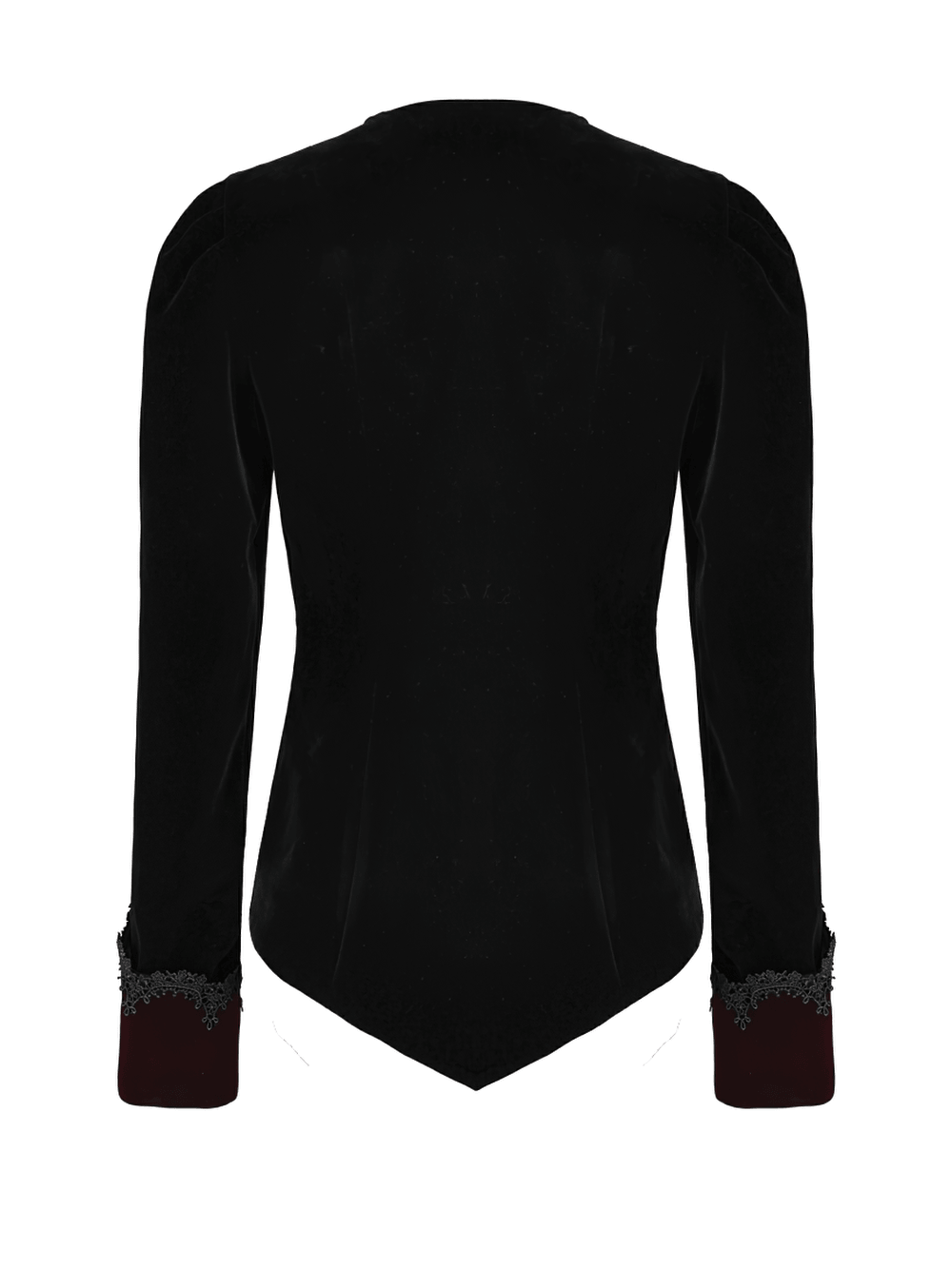 Women's Gothic Black Velvet Burgundy Lace Tailcoat Jacket black back view with burgundy cuffs and fitted asymmetric hem