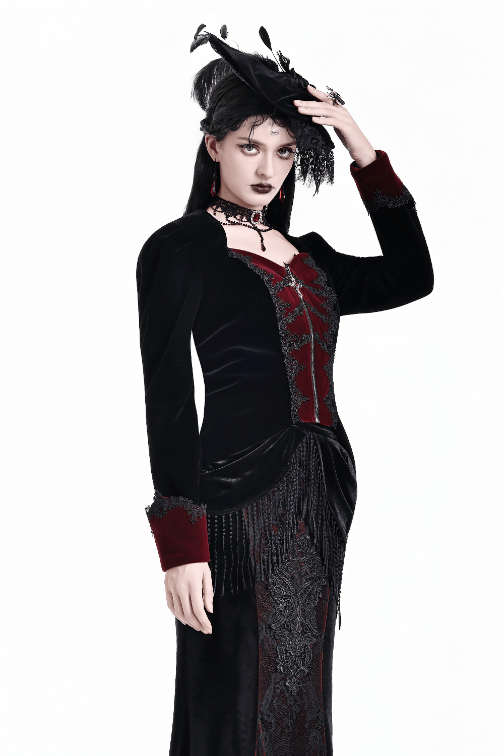 Women's Gothic Black Velvet Burgundy Lace Tailcoat Jacket with Victorian vampire style, cross zip, fitted waist, and asymmetric hem