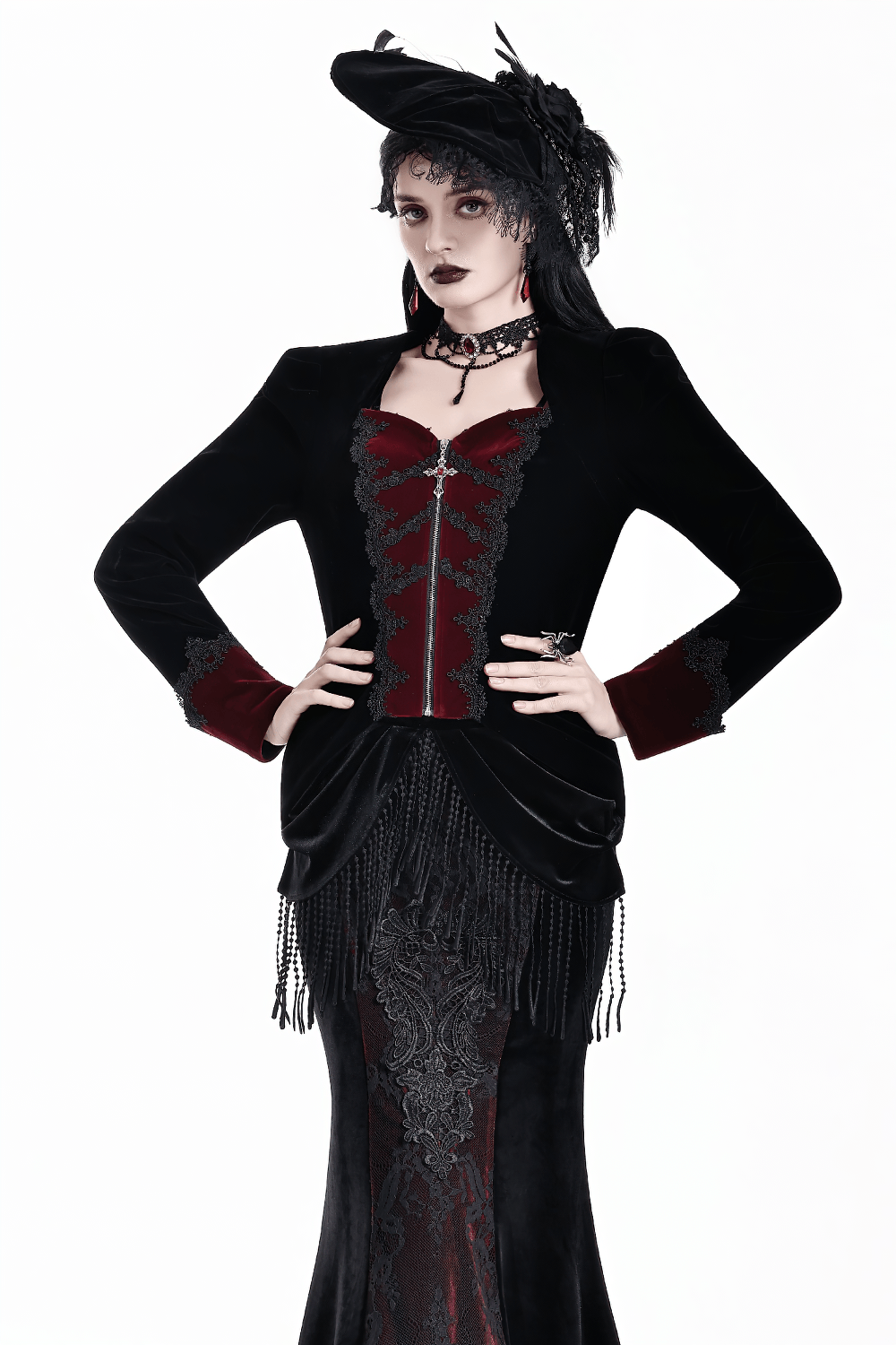 Women's Gothic Black Velvet Burgundy Lace Tailcoat Jacket, Victorian vampire style with cross zipper and dramatic fitted silhouette