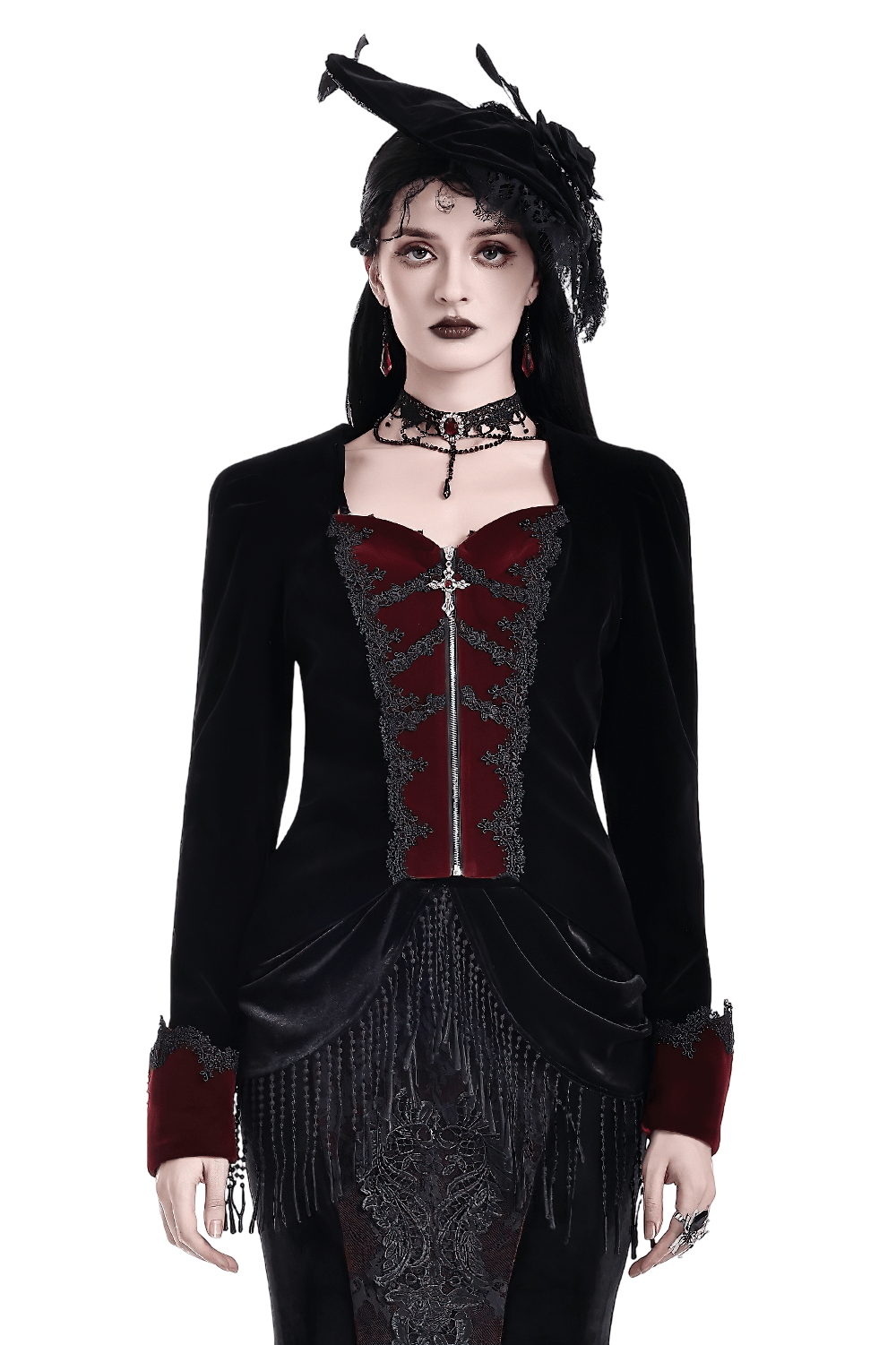 Women's Gothic Black Velvet Burgundy Lace Tailcoat Jacket, Victorian vampire blazer with silver cross zipper and pointed hem