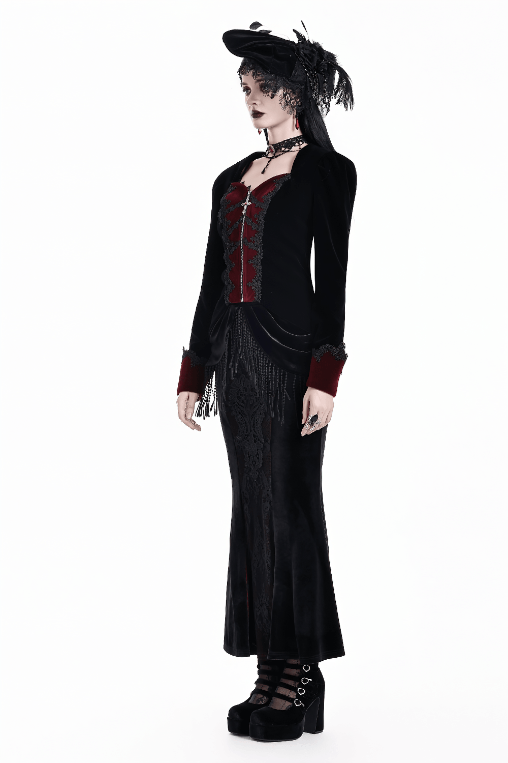 Women's Gothic Black Velvet Burgundy Lace Tailcoat Jacket, Victorian vampire blazer with cross zip and asymmetric hem