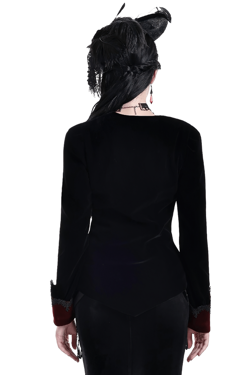 Women's Gothic Black Velvet Burgundy Lace Tailcoat Jacket, back view with fitted silhouette and burgundy lace cuffs